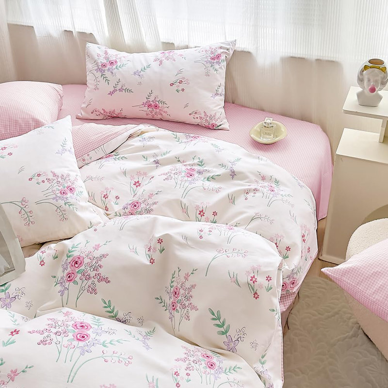 Ensemble de housse de couette 100% coton à double motif floral rose et mauve réversible avec fermeture à glissière
