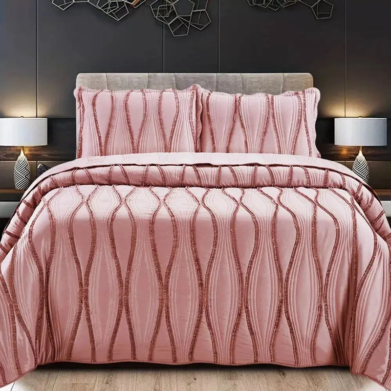 3 Piece Quilted Bedspread Bed Throw Embossed Bedding Set Single Double, Double Bedspread + 2 Standard Pillowcases, Pink