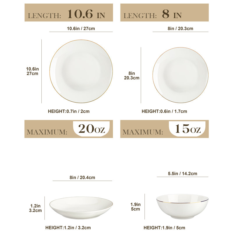 Service de table 16 pièces en porcelaine fine à bordure dorée pour 4 personnes, assiettes et bols à soupe classiques, idéal pour les repas formels et les cadeaux.