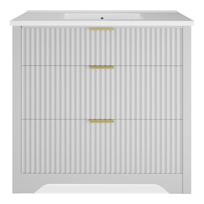 Modern Fluted Bathroom Vanity with Basin – Freestanding Cabinet, 2 Soft-Close Drawers, 1 Rotating-Down Drawer, Easy Assembly & Cleaning, Single Basin, 36 Inch