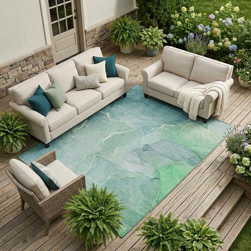 8' X 10' Teal Abstract Washable Non Skid Indoor Outdoor Area Rug