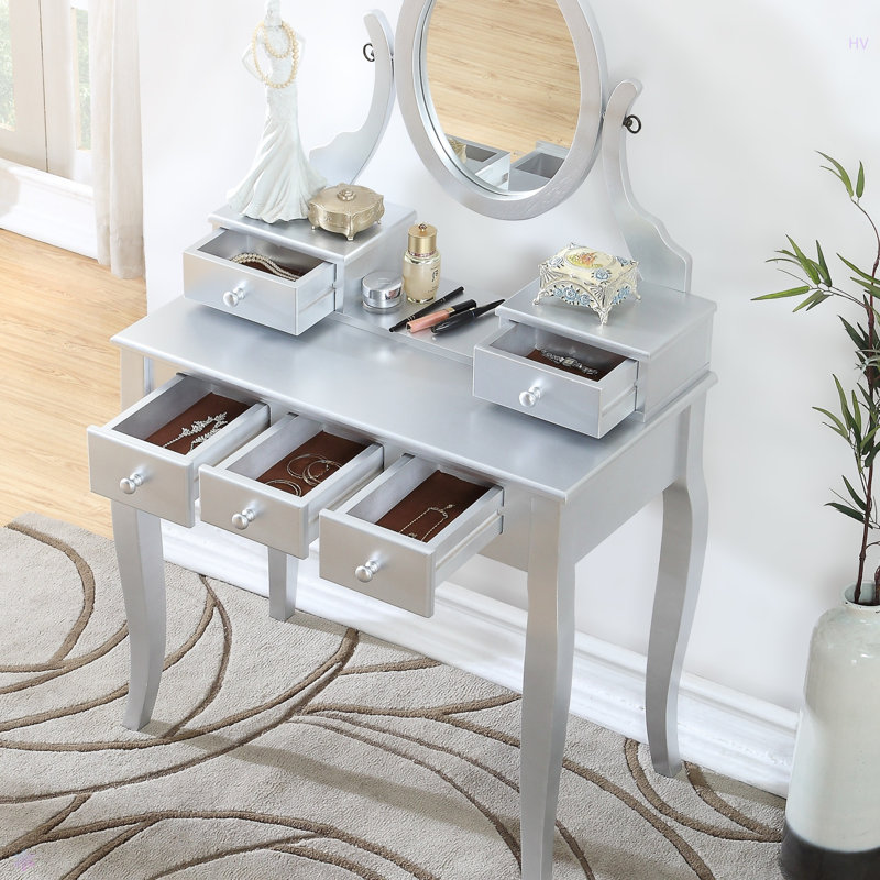 Wood Make-Up Vanity Table And Stool Set, Ashley Wood Makeup Vanity Table And Stool Set, Silver
