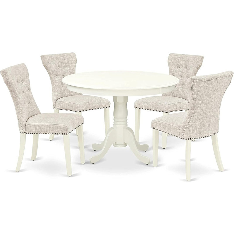 Ensemble de table de salle à manger 5 pièces comprenant une table de salle à manger ronde avec piédestal et 4 chaises Parsons en tissu de lin, blanc lin