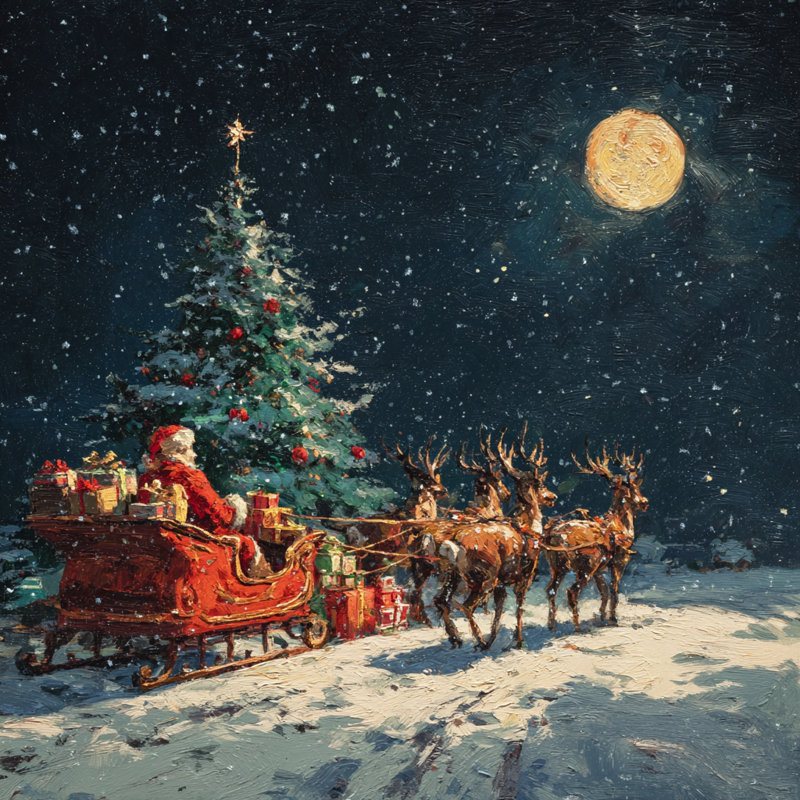 «Santa and Reindeer Night Ride», art mural sur toile, 40 po x 40 po