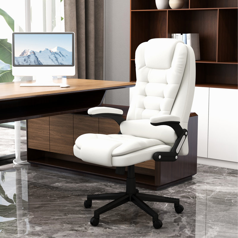 Fauteuil vibrant haut dossier avec chauffage, siège de bureau en cuir blanc et fonction de massage