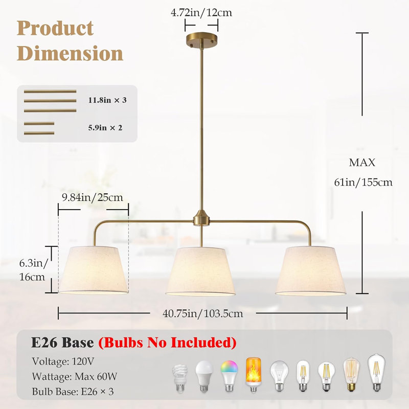 3-light Modern Linear Pendant Light with Drum Shades, 40.75 In, Brass