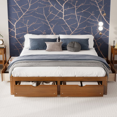 King Size Platform Bed with 6 Storage Drawers, Pine Wood Storage Bed Frame, Walnut