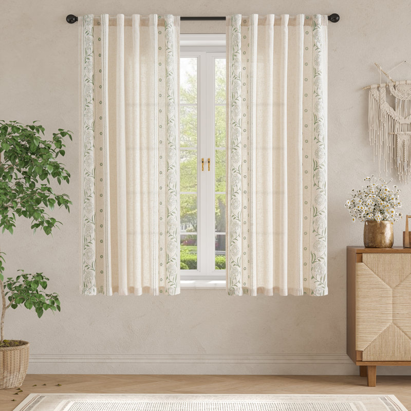 Linen Blended Semi Sheer Embroidered Floral Curtains, Sage, 50" W x 72" L