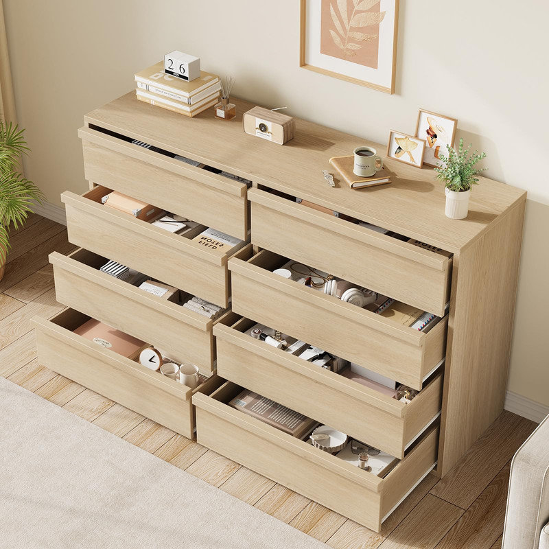 Commode 8 tiroirs en chêne naturel - commode en bois de 54 po de largeur pour la chambre à coucher, le salon, l'entrée, la chambre de bébé