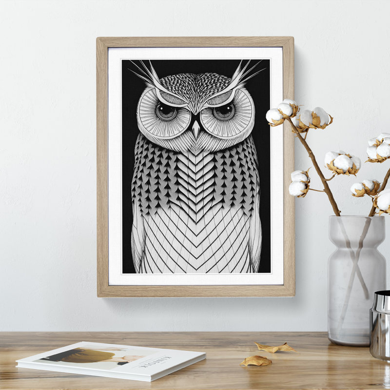 Owl in Monochrome No.4 - Framed Print, 64cm H x 46cm W x 2cm D, Oak