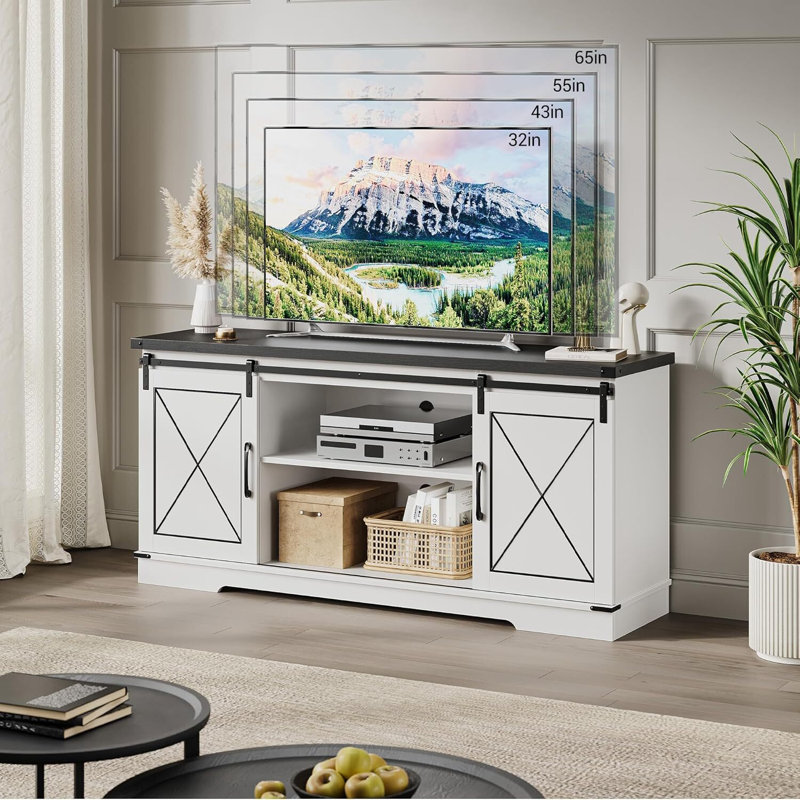 TV Stand, With Sliding Barn Doors, Up To 65", Black/White