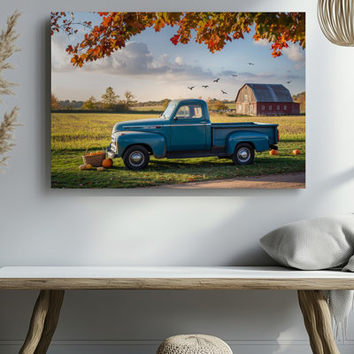 Canvas A Vintage Blue Pickup Truck Its Paint Slightly Faded And Wall Art Textured Is Parked On A Sun Dappled Dirt Road Surrounded Canvas Wall Art