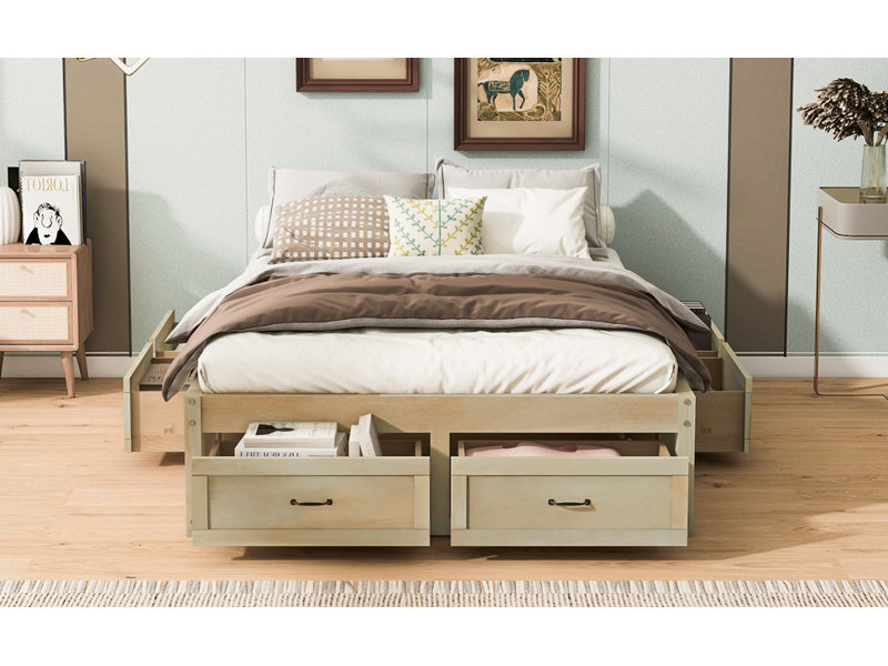 Lit plateforme avec 6 tiroirs de rangement, naturel antique, Lit double