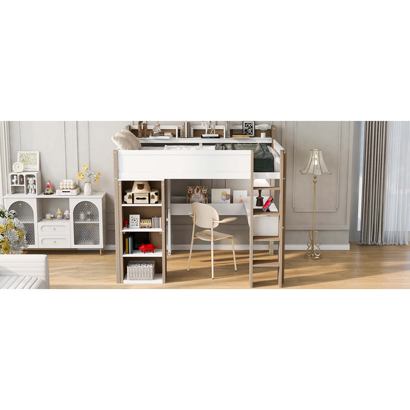 Lit mezzanine double en bois avec tablettes de rangement intégrées, tringles à vêtements et bureau, Blanc/naturel