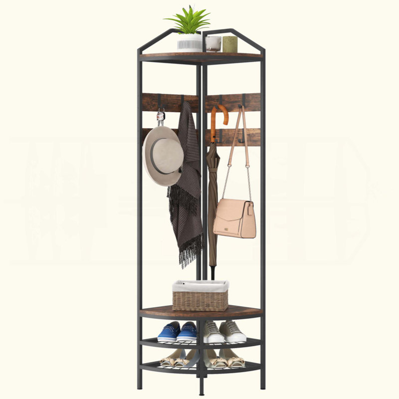 Coat Rack Corner Hall Tree, Industrial 4-Tier Coat Rack With Shoe Storage, 8 Movable Hooks And 2 Shelves