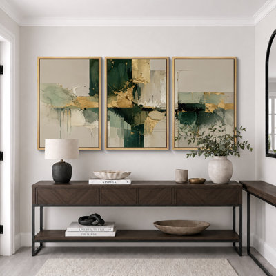 Sage Green Gold Layered Block Abstract Artwork, Living Room Pictures, Framed Canvas Giclee Print 3 Pieces Wall Art