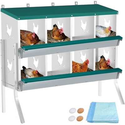 Chicken Nesting Box 8 Compartment with Legs10 Pet Moisture Pads and 4 Fake Eggs Roll Away Egg Collection, Perch, Lid Cover for Egg Protection - Wall Mount Nest Box for Chickens, Hens, Ducks