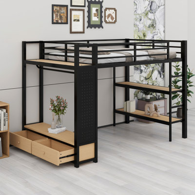 Loft Bed Frame With Wardrobe,Metal Loft Bed With Storage Shelves And Pegboard
