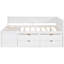 Lit de jour blanc avec tiroirs et tablettes, structure pleine grandeur en bois massif pour une chambre attrayante avec une disposition de tiroir efficace-580638727-580638726