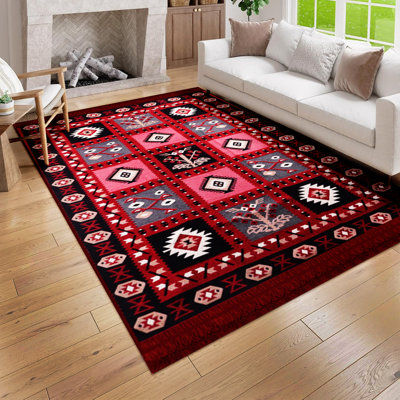 Tapis Bigghome, motifs turcs traditionnels réversibles 4 x 6 lavables à la machine - rouge et beige