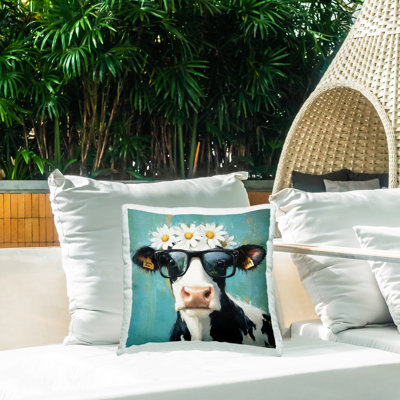 Coussin d'extérieur Nerdy Nessie Cow, imprimé par Tina LeCour, 18 x 7 x 18