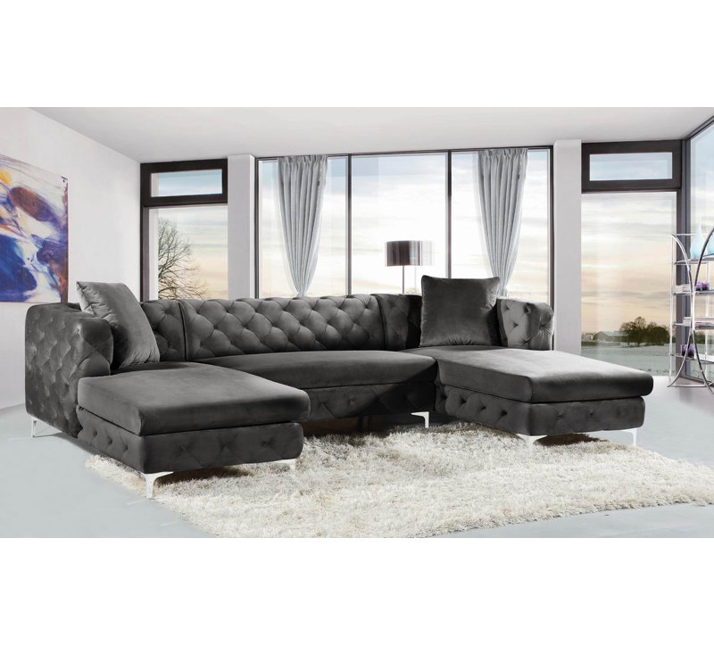 Miranda Velvet U-Shaped Sectional Symmetrical, Grey Velvet