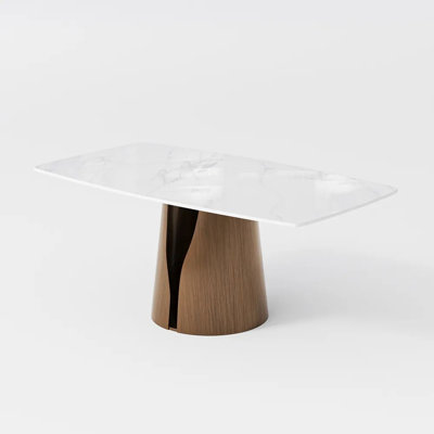 71" Modern Luxury Pedestal Dining Table for 6, Glossy White Sintered Stone Table, Bronze Carbon Steel Base