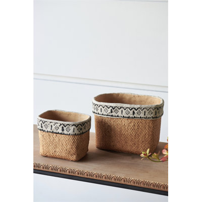 Set Of 2 Rectangular Basket Planters With Geometric Trim, L:10.5X8.5X8" S:7.5X5.5X6.5"