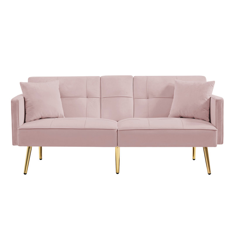 Lit convertible en velours rose avec pieds dorés - 3 angles réglables, porte-gobelet, poche latérale, rembourrage en mousse, 2 sièges, accoudoirs carrés, pieds de futon en tissu, positions, dossier à ressort sinueux, poches, support