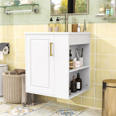 Meuble-lavabo mural avec lavabo en céramique, porte à fermeture en douceur et tablettes ouvertes