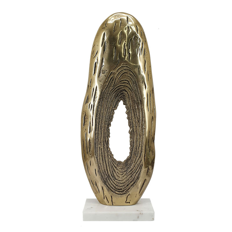 Abstract Aluminum Ring Sculpture on Marble Base  - 8x4x21" - Gold/White