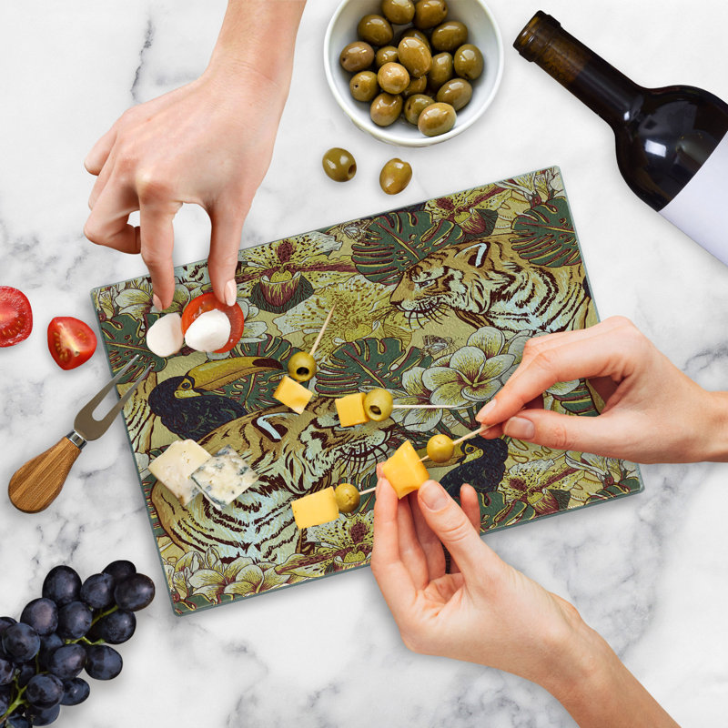 Ambesonne Tiger Tempered Glass Cutting Board Tropical Bengal Toucan Earth Yellow Dark Blue