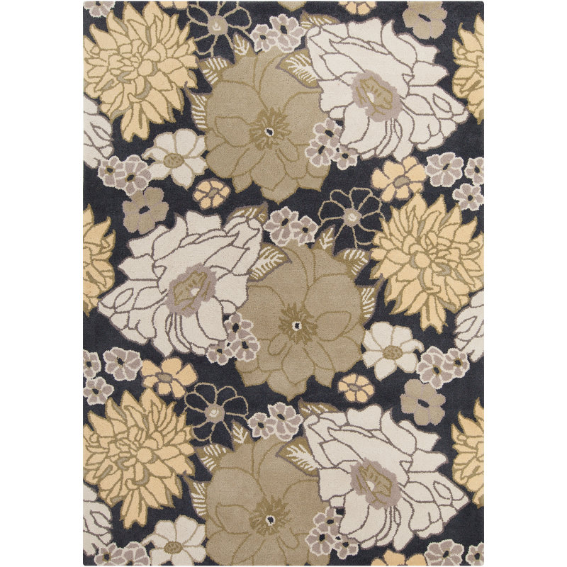 Tapis bleu marine, beige, jaune, olive et crème fait à la main Fort Collins, 5 pi x 7 pi