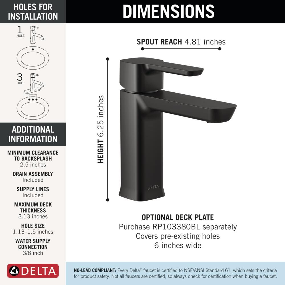 Modern Single-Hole Bathroom Faucet with Drain, Matte Black