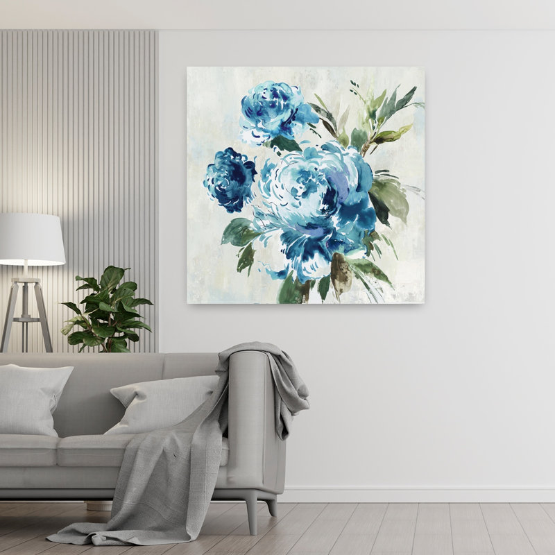 Art abstrait pivoine bleue II, 48" H x 48" W