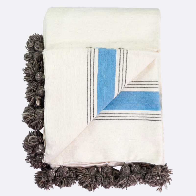 Hand Woven Blanket, White/Blue/Brown