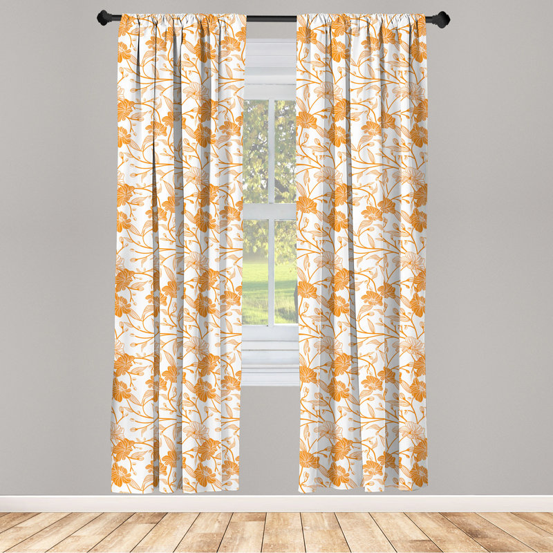 Orange Floral Light Filtering Polyester Curtain Panels, 28" x 95", Set of 2