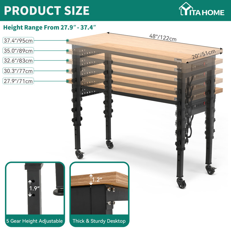 Manufactured Wood Top Height-Adjustable Workbench with Wheels, 27.9" H x 48" W x 20" D
