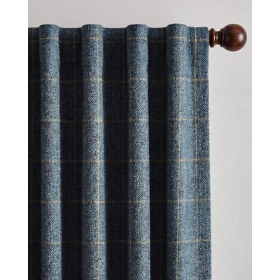 Rideaux en lin à carreaux bleu ferme, passe-tringle et pattes arrières en jacquard géométrique épais Wouver