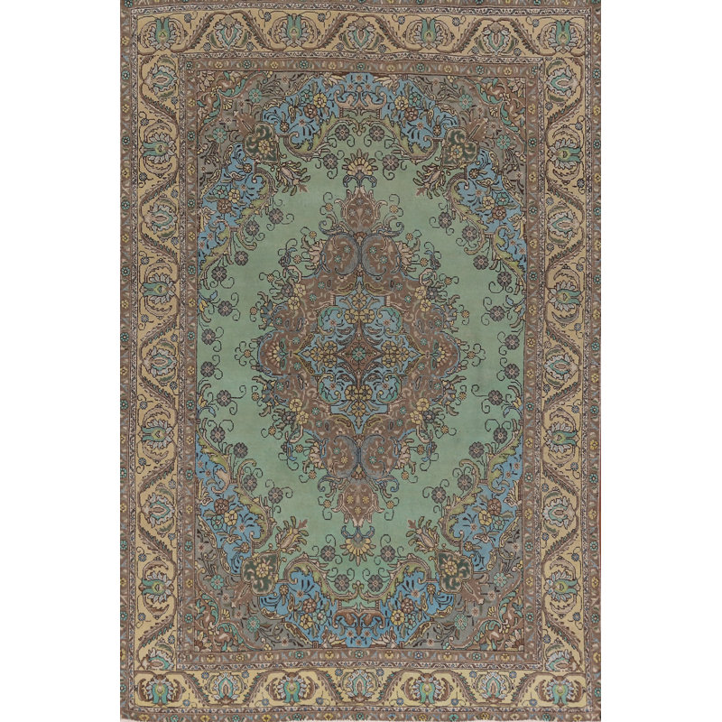Tapis traditionnel vert en laine 8 x 11