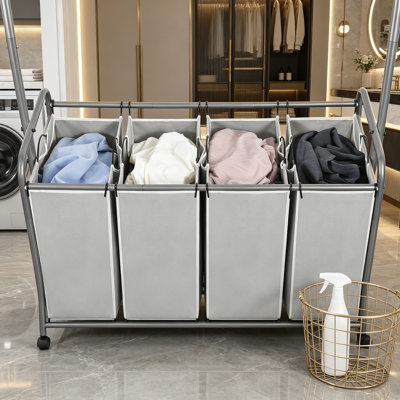 Trieur de linge avec barre de suspension, chariot à linge portatif à roulettes avec roues verrouillables robustes et sacs amovibles, organisateur de panier à linge 4 sections 181L