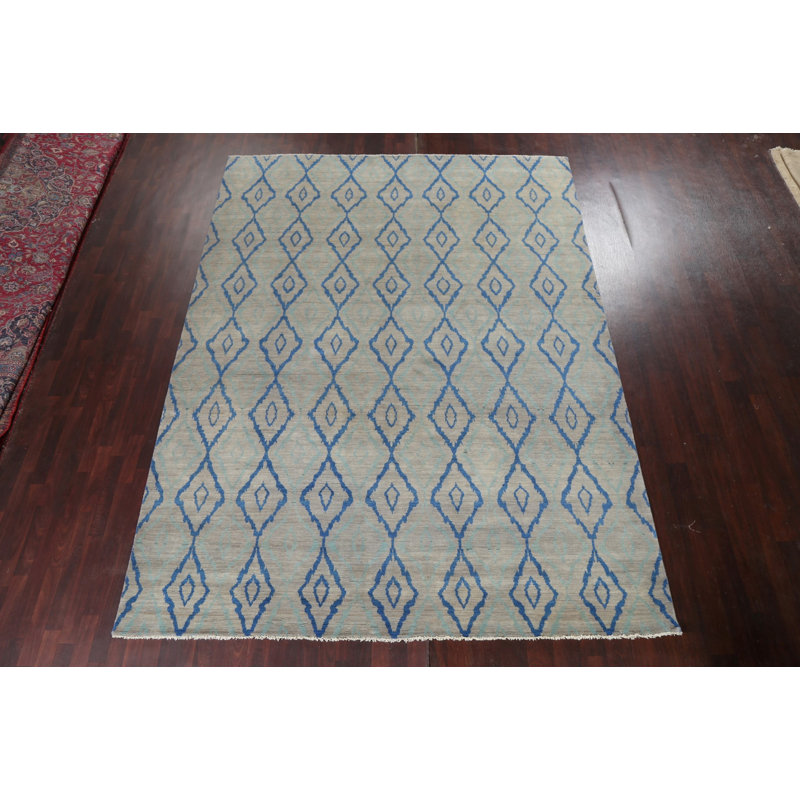 Tapis gris / gris anthracite / bleu en laine noué à la main de conception unique 8 pi 11 po x 11 pi 10 po
