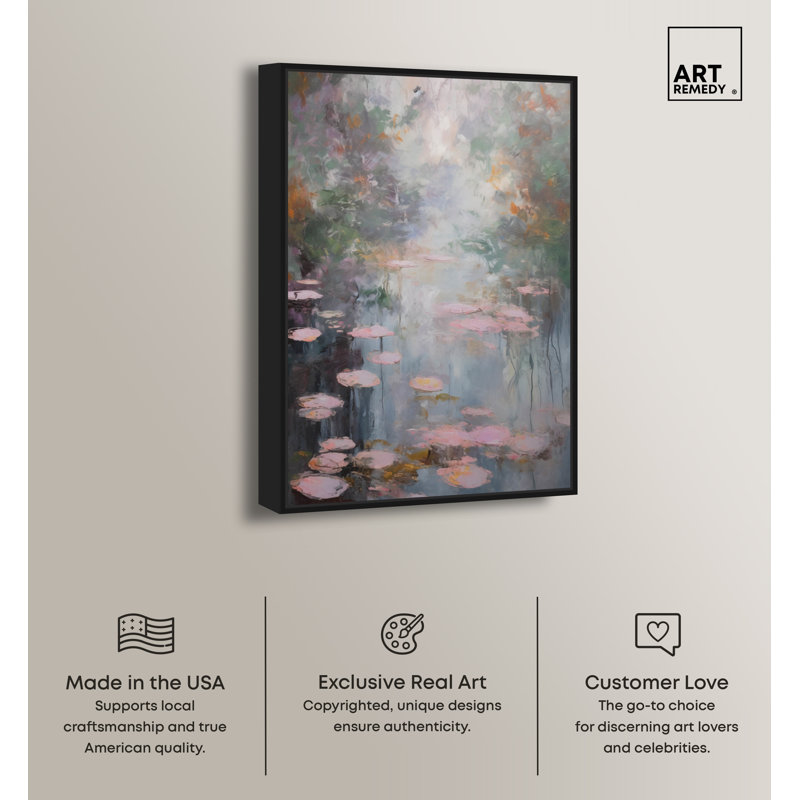 Vincent Van Gogh Inspired Pink Lilypads Canvas Print in Black Frame