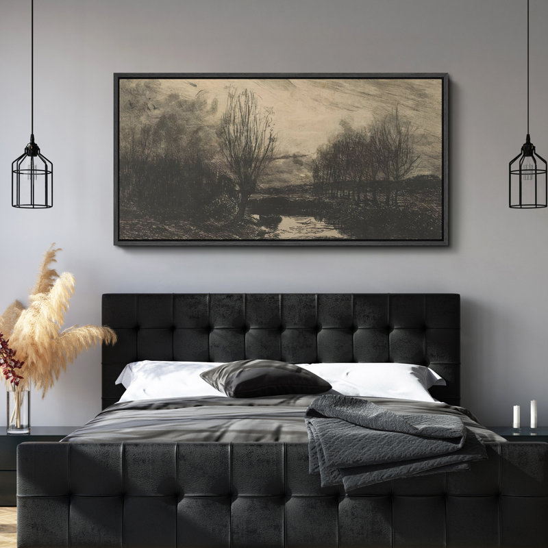 Moody, paysage sombre avec arbres et eau, art moderne, H 30 po x l 60 po, Noir, noir, noir, noir