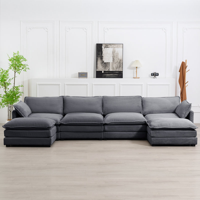 Redenius 6-Piece 148'' Upholstered U-Shape Sectional, Dark Gray Corduroy