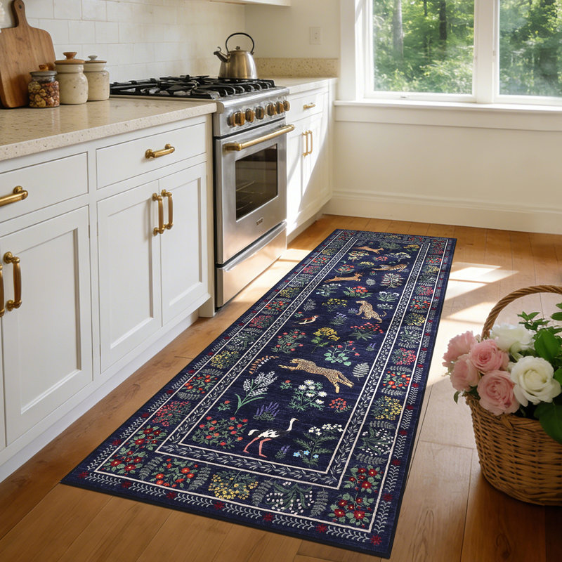Washable Runner Rug 2x6 Floral Hallway Runner Farmhouse Botanical Animal Rug with Non Slip Backing, Low Pile Non Shedding Foldable Mat, Soft Thin Carpet for Kitchen Laundry, Blue