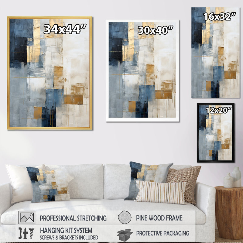 Beige et or, paysage d'hiver simple - reproductions d'art murales abstraites, H 40 po x l 30 po x P 1,5 po, Cadre simple noir