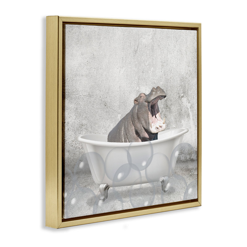 «Baby Hippo Bath Time», art mural encadré sur toile flottante par Kim Allen, Cadre flottant métallique doré