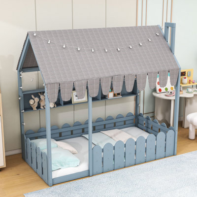 Floor House Bed with Fence Railings, Tent, Star Lights and 3 Storage Shelves