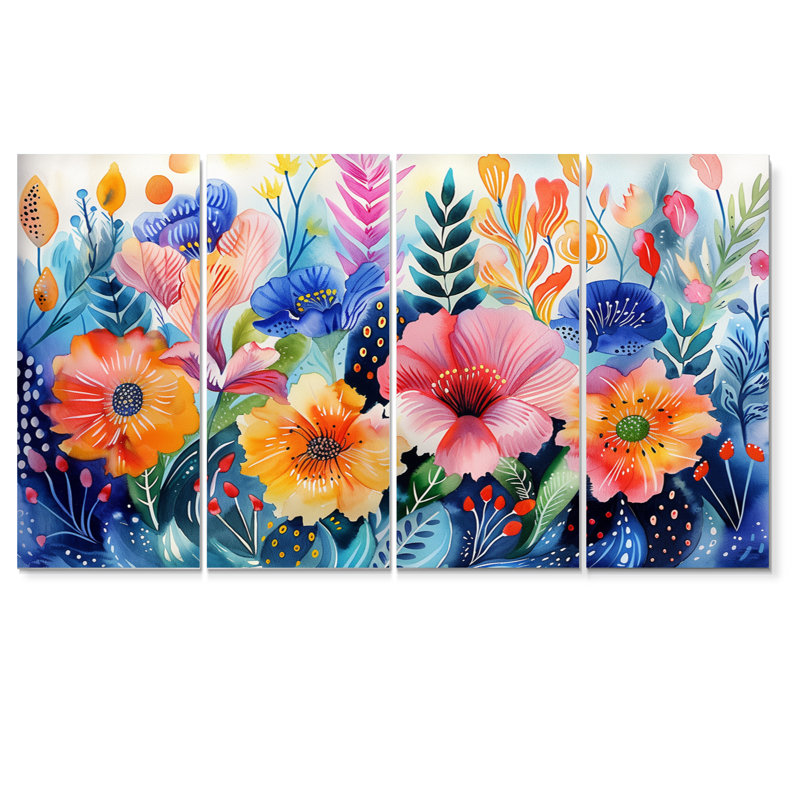 «Pink Blue Flowers Under Water II - Botanicals», ensemble d'art sur toile, H 28 po x l 48 po